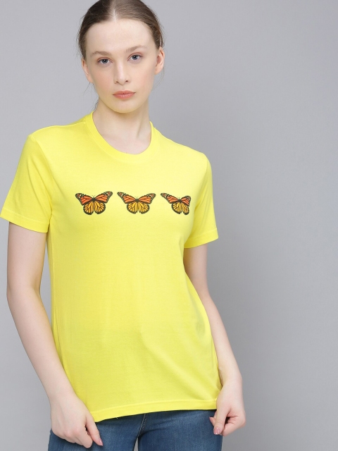 

DILLINGER Women Yellow Printed Round Neck Regular Fit T-shirt