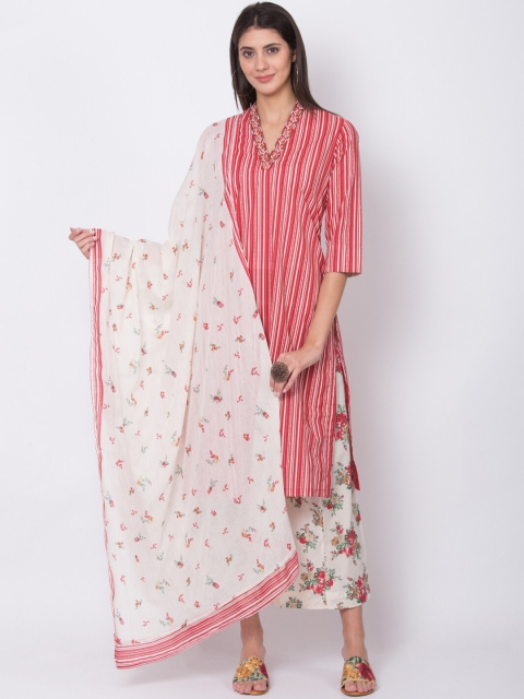 

Biba Women Red & White Striped Kurta with Palazzos & Dupatta