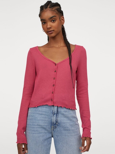 

H&M Women Pink Solid Short Cardigan