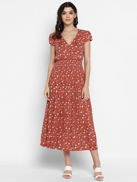 

MIAMINX Women Rust Floral Print Smocked Fit and Flare Dress
