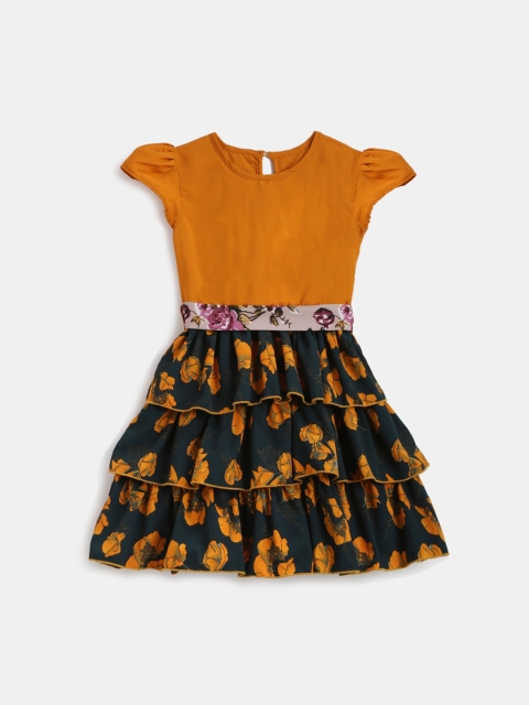 

KIDSCRAFT Girls Mustard Yellow & Green Printed Fit and Flare Dress