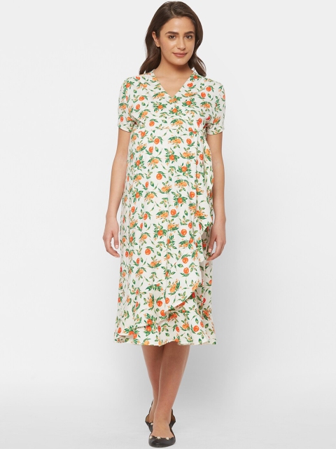 

Mystere Paris Women Maternity White & Orange Floral Printed Fit and Flare Dress