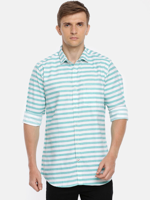 

Cross Court Men Turquoise Blue & White Regular Fit Striped Casual Shirt