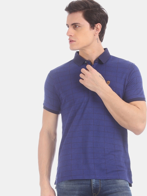 

True Blue Men Blue Checked Polo Collar Slim Fit T-shirt