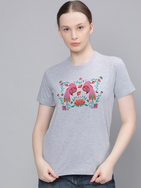 

DILLINGER Women Grey Melange Printed Round Neck Regular Fit T-shirt
