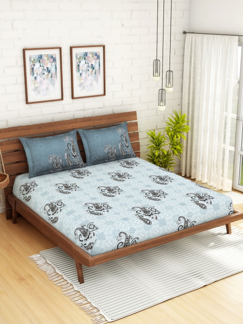 

SPACES Occasions Grey 1 queen Size Fitted sheet with Pillow Cover, Blue