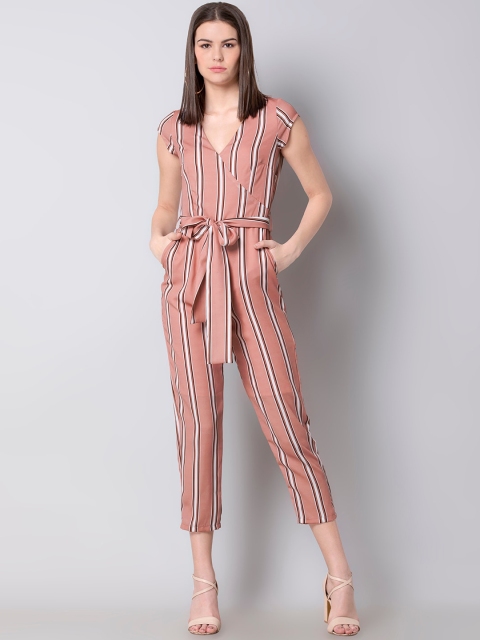 

FabAlley Women Old Rose Pink & White Striped Culotte Jumpsuit