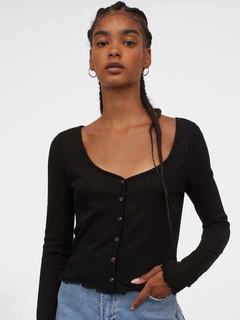 

H&M Women Black Solid Short Cardigan