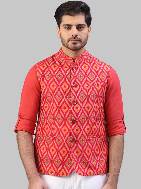 

Raymond The Story Re-Spun Men Red & Pink Printed Woven Nehru Jacket