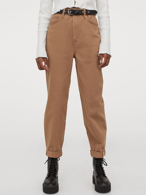 

H&M Women Brown Solid Mom Loose-Fit Twill Trousers
