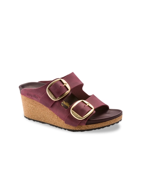 

Birkenstock Women Red Nora Big Buckle Narrow Width Leather Wedges