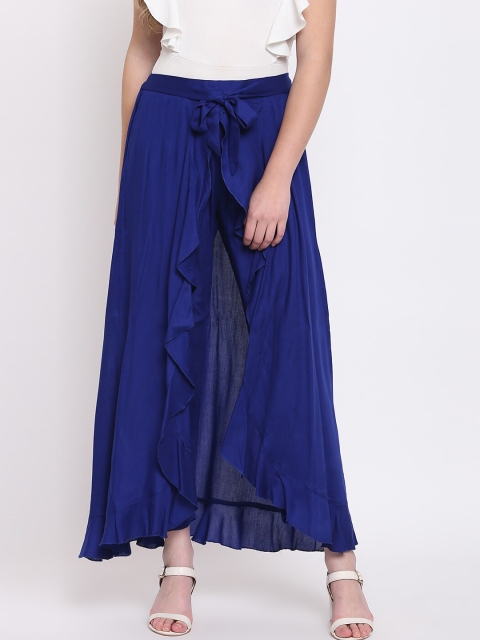 

RIVI Women Blue Solid Ruffled Layered Flared Palazzos