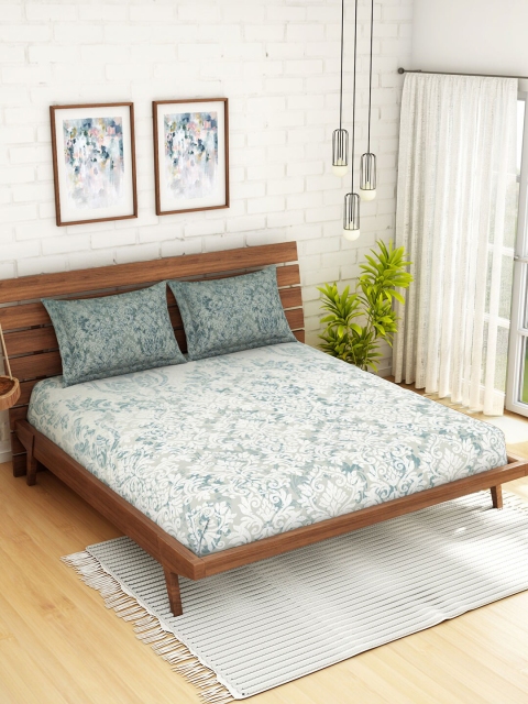 SPACES Grey Ethnic Motifs 210 TC Cotton 1 King Bedsheet with 2 Pillow Covers