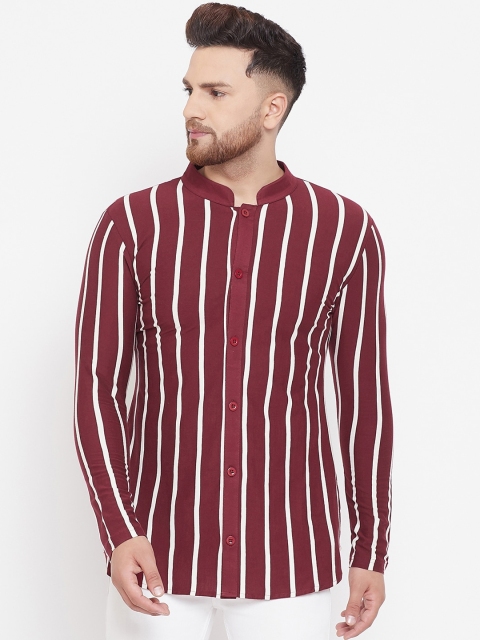 

Hypernation Men Maroon & White Striped Straight Shirt