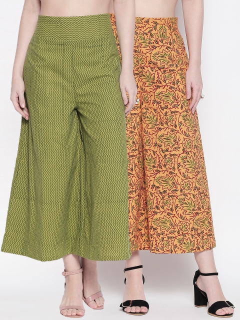 

Desi Weavess Women Pack Of 2 Green & Yellow Regular Fit Printed Culottes