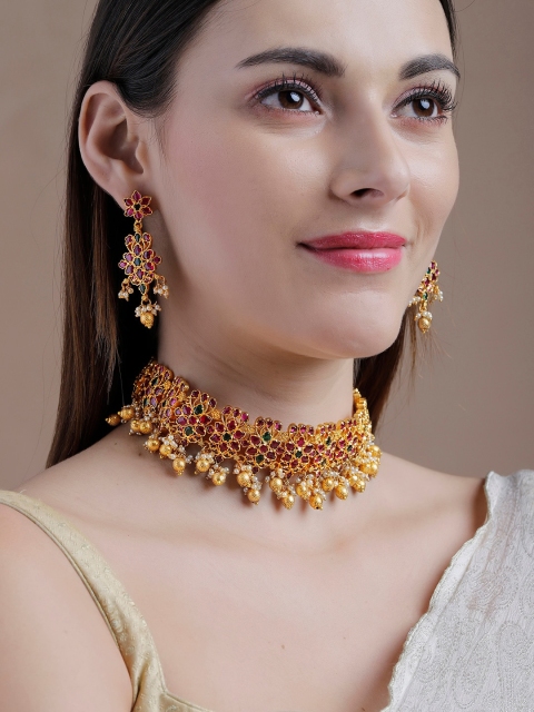 

Rubans 22 K Gold-Plated Pink & Green Stone-Studded Beaded Handcrafted Jewellery Set