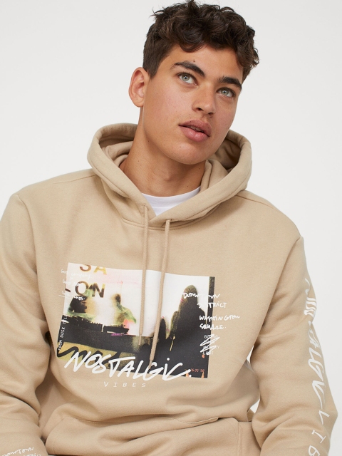 

H&M Men Beige Printed Hoodie