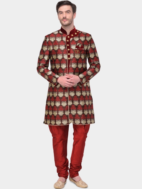 

SG RAJASAHAB Men Rust Red & Maroon Raw Silk Sherwani Set