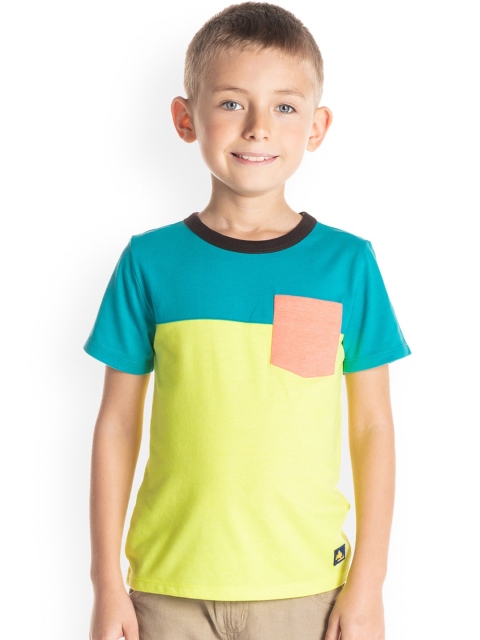 

Cherry Crumble Boys Turquoise Blue & Yellow Colourblocked Round Neck T-shirt
