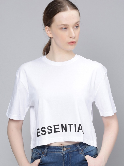 

DILLINGER Women White Printed Round Neck Boxy Crop T-shirt