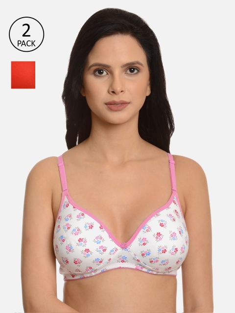 

mod & shy Pack Of 2 White & Orange Printed Non-Wired Non Padded Everyday Bra MS8593