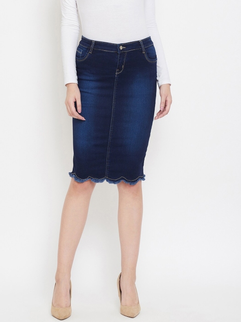 

Purple Feather Women Navy Blue Solid Denim Pencil Skirt