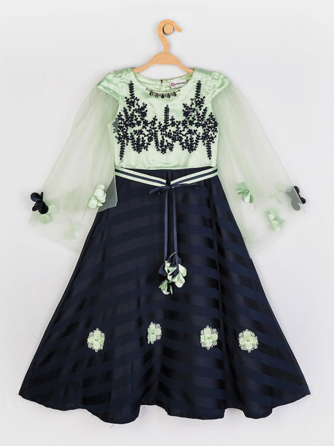 

Peppermint Girls Navy Blue & Green Embroidered Fit and Flare Dress