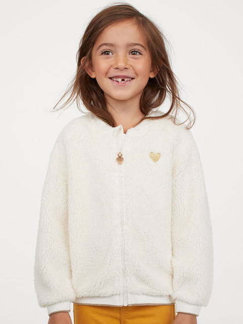 

H&M Girls White Solid Zip-Up Teddy Cardigan