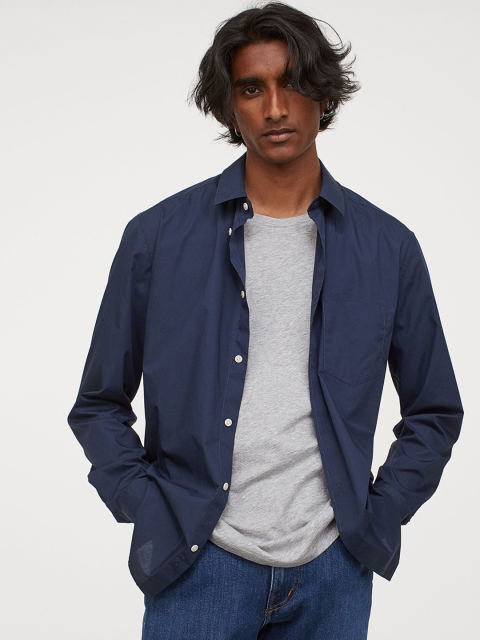 

H&M Men Navy Blue Premium Cotton Shirt