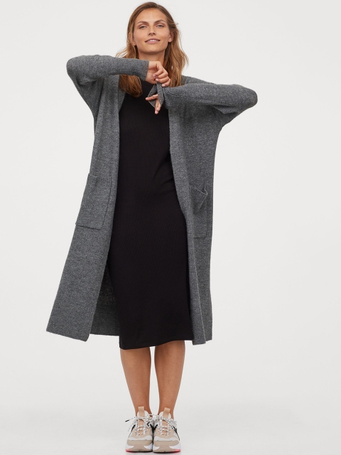 

H&M Woman Grey Melange Solid Longline Cardigan