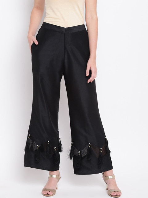 

RIVI Women Black Embellished Wide Leg Palazzos