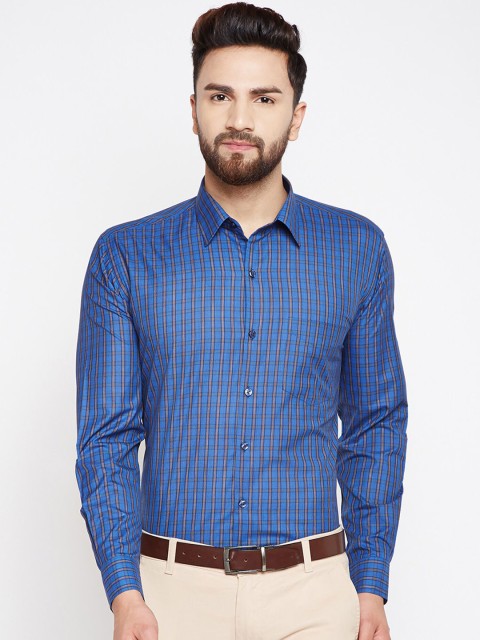 

Hancock Men Blue & Brown Slim Fit Checked Formal Shirt
