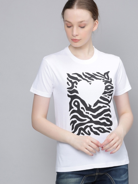 

DILLINGER Women White Black Printed Round Neck Regular Fit Pure Cotton T-shirt