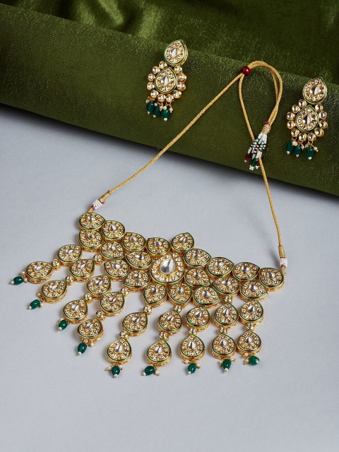 

GloBox By ZeroKaata Gold-Plated White & Green Kundan-Studded Beaded Handcrafted Jewellery Set