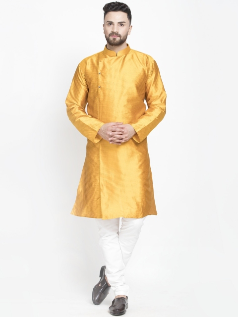 

Benstoke Men Gold & White Self Design Angrakha Kurta with Churidar