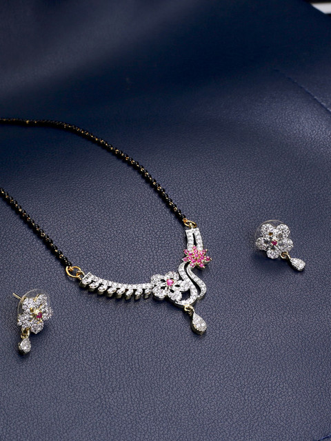 

Yellow Chimes Gold-Plated Black & White Beaded AD-Studded Mangalsutra & Earrings Set