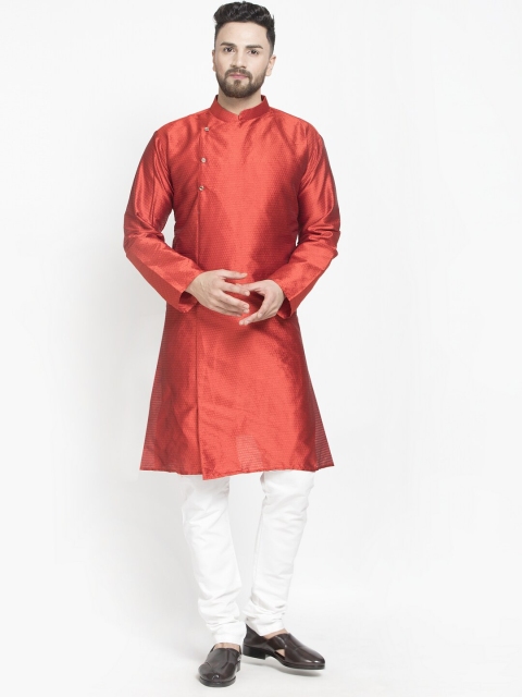 Benstoke Men Red & White Self Design Angrakha Kurta with Churidar