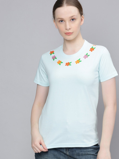

DILLINGER Women Pastel Blue Floral Print Round Neck Regular Fit T-shirt