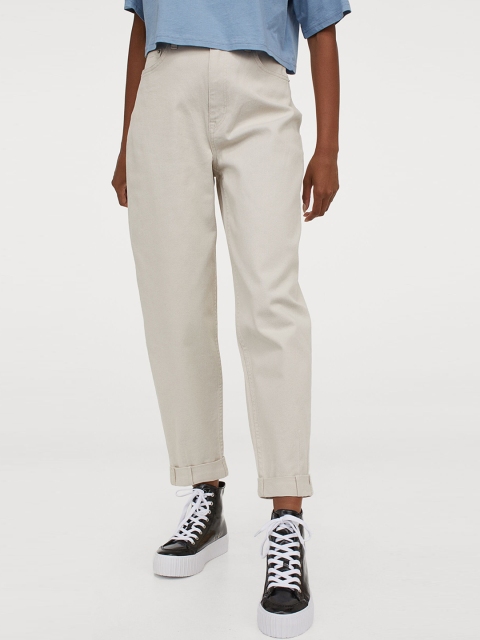 

H&M Mom Off-White Solid Loose-Fit Twill Trousers