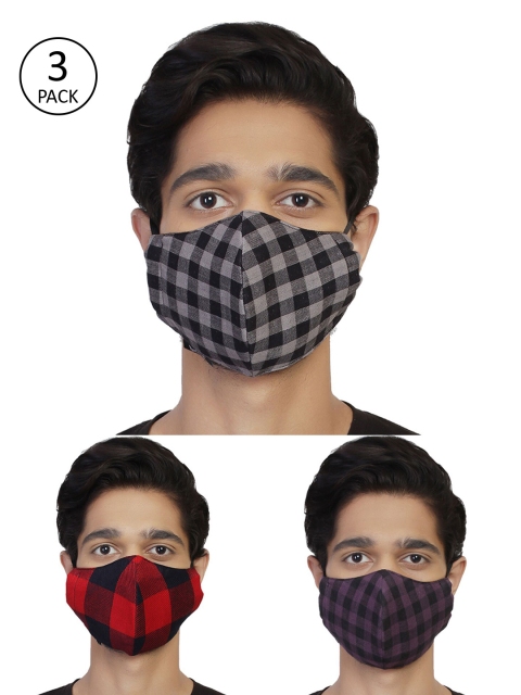 

Anekaant Men Pack Of 3 Checked 3-Ply Reusable Cloth Masks, Red