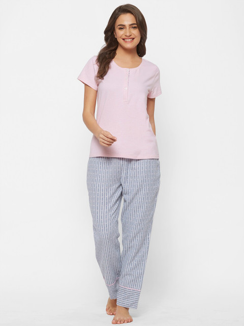 

Mystere Paris Women Pink & Blue Solid Night suit