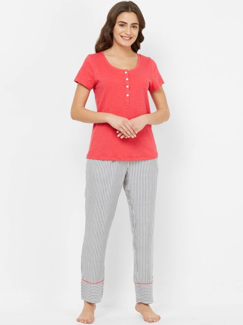 

Mystere Paris Women Pink & White Solid Night suit