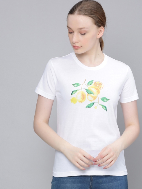 

DILLINGER Women White & Yellow Lemon Print Round Neck Regular Fit T-shirt