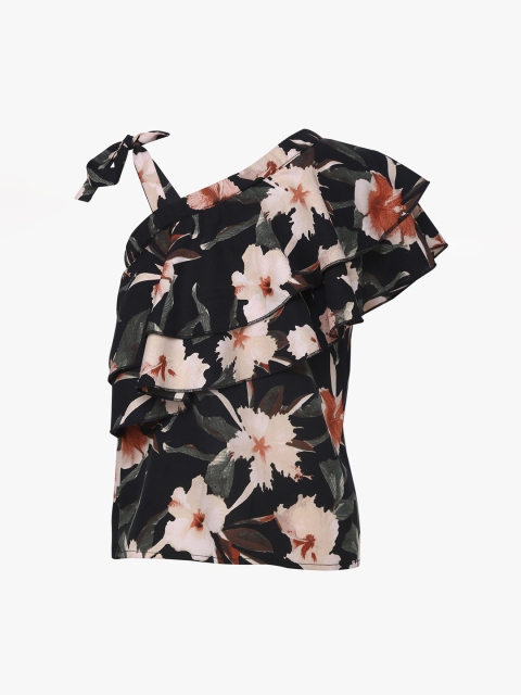 

Tiddlywings Girls Black & Peach Floral Print One Shoulder Top