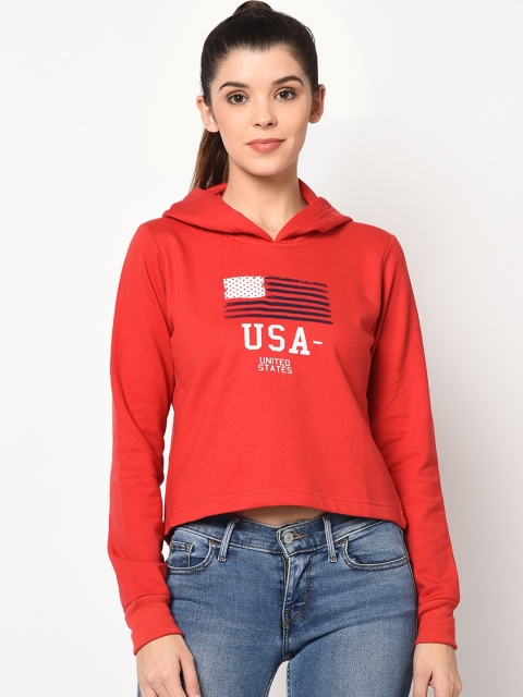 

ELEGANCE Women Red Printed Hooded Sweatshirt