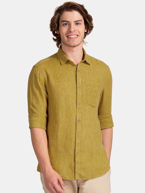 

True Blue Men Mustard Yellow Self Design Slim Fit Linen Casual Shirt