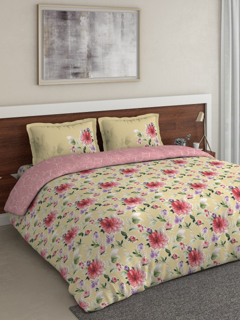 

DDecor Yellow & Pink Floral Printed Double Queen Bedding Set