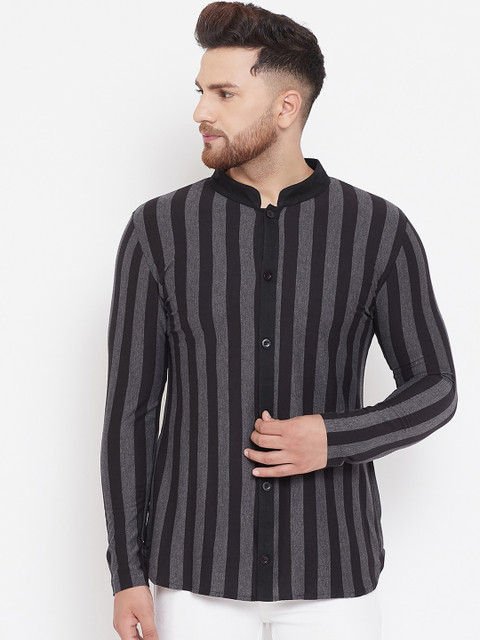 

Hypernation Men Black & Grey Striped Straight Shirt