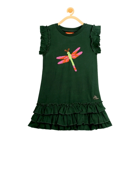 

Cherry Crumble Girls Green Embellished Drop-Waist Dress