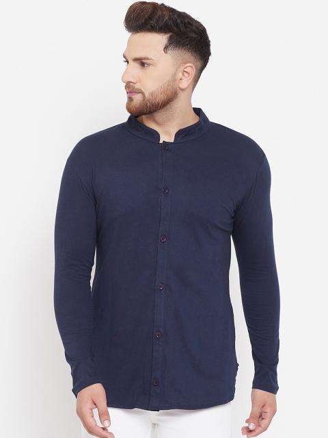 

Hypernation Men Navy Blue Solid Mandarin Collar Shirt